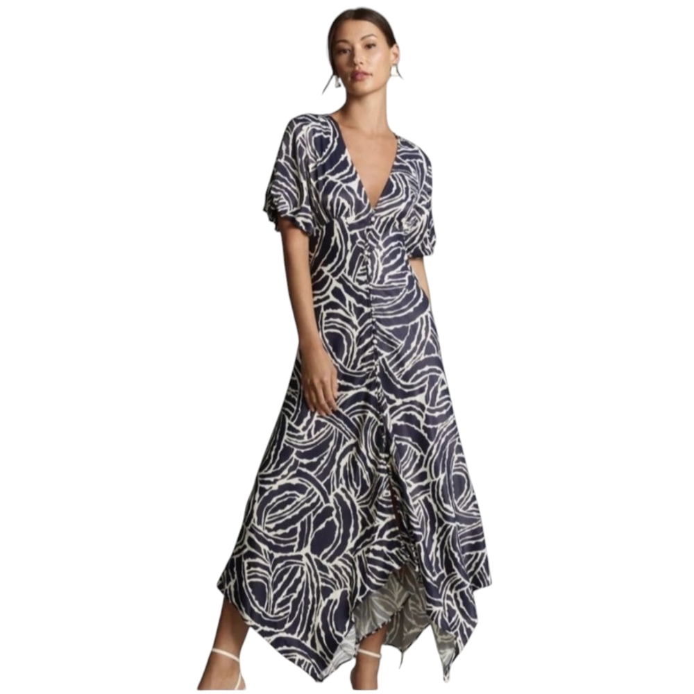 Anthropologie Abstract Navy and Cream Midi Dress